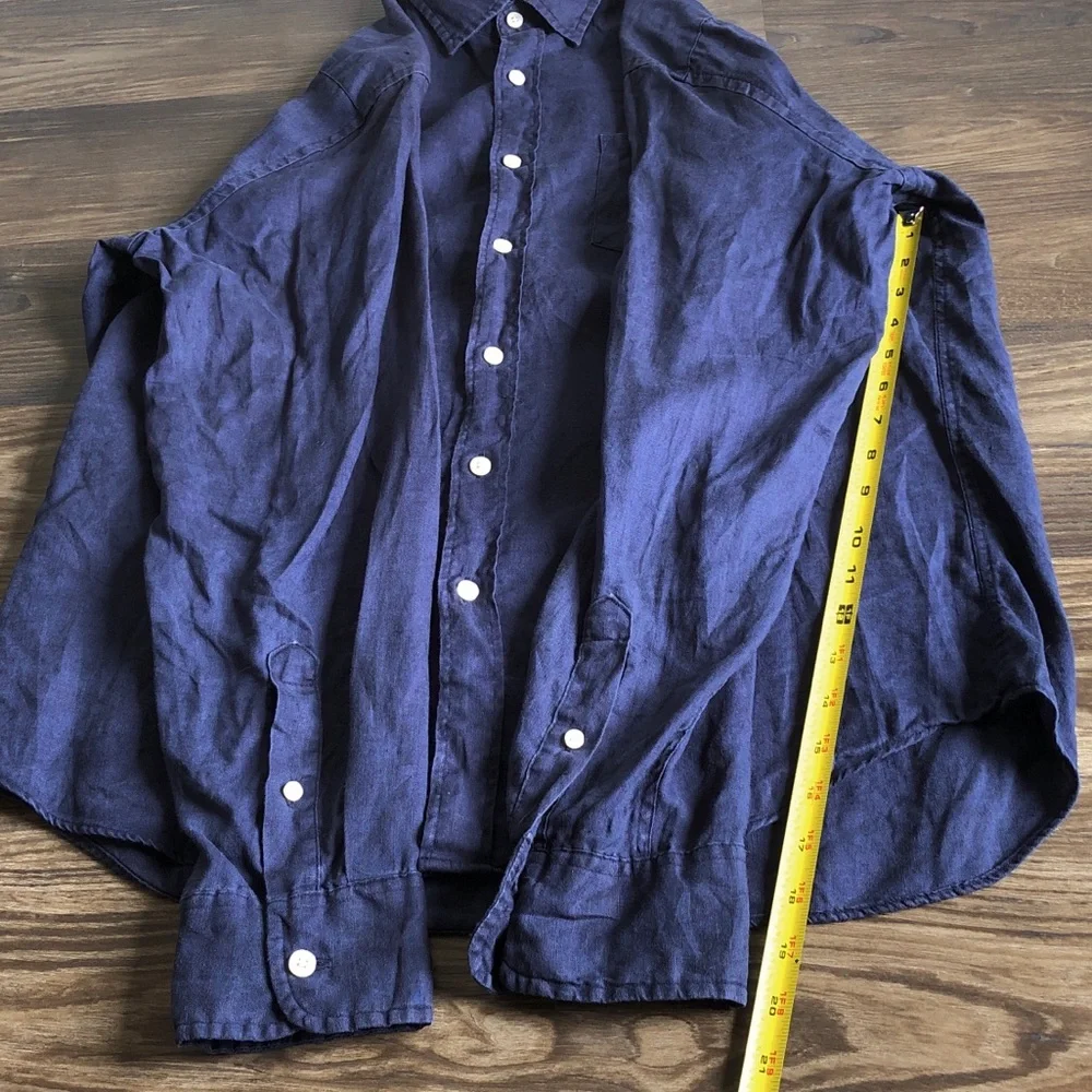J Crew Mens 100% Linen Shirt Button Front Long Sleeve Navy Blue Large